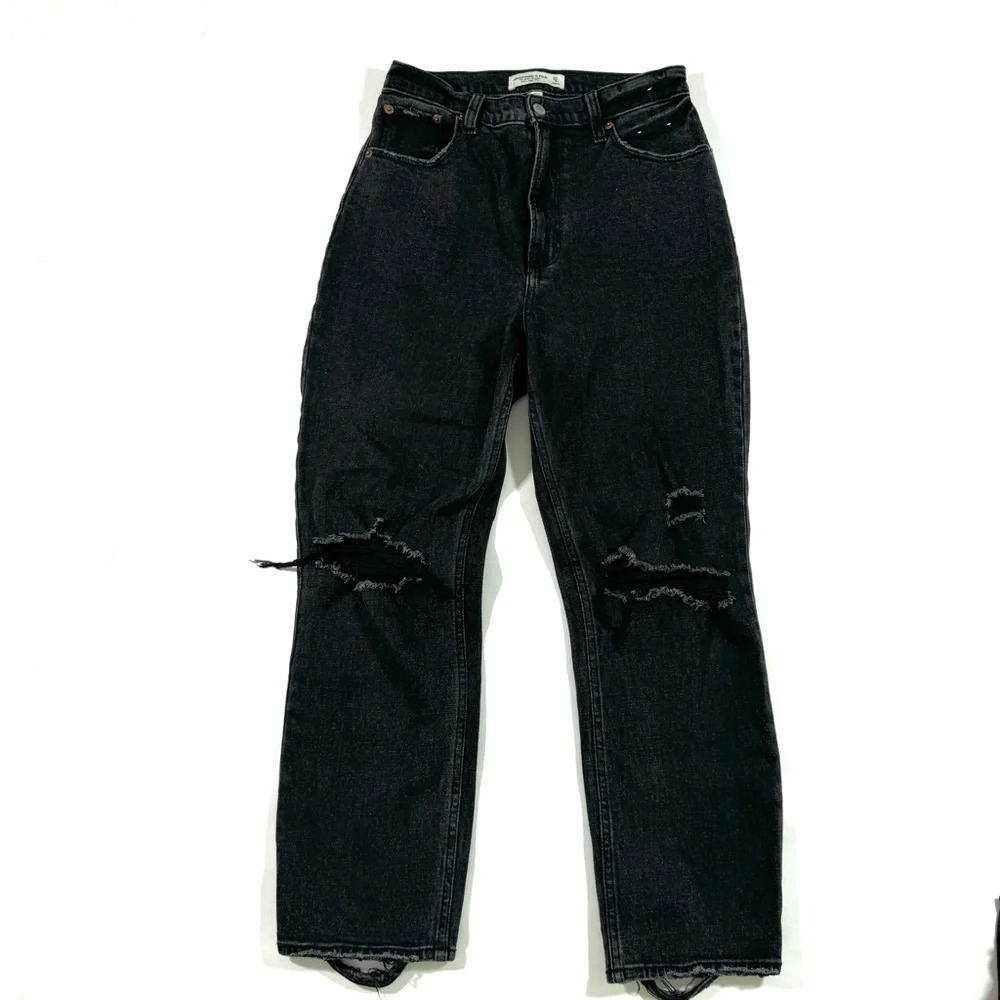 Abercrombie Ankle Straight Ultra High Rise Jeans Distressed Black